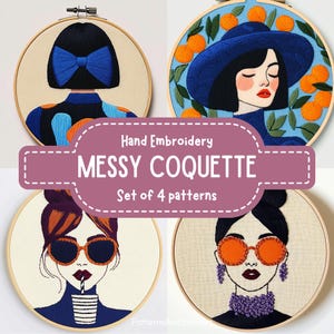 This digital PDF embroidery pattern set, titled “Messy Coquette,” features four dynamic, hyper-feminine portraits of modern women. Each design showcases unique hairstyles, bold fashion elements like sunglasses, hats, and oversized bows, and pop star energy. The patterns are filled with vibrant colors and eye-catching textures, creating lively, artistic home decor pieces or personalized handmade gifts. A fun and creative project for any embroidery enthusiast.