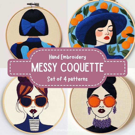 Messy Coquette Embroidery Patterns: Pop Star Women Portraits (PDF Download