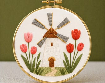 Patrón de bordado de tulipanes con molino de viento en PDF, descarga instantánea, apto para principiantes, arte con aro de primavera, bordado floral holandés, decoración de pared imprimible.