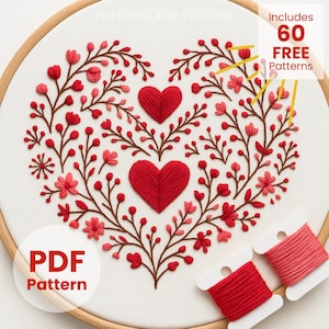 Floral Heart Embroidery Pattern, Valentines Wedding DIY decor (PDF pattern)