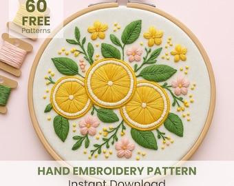 Lemons Embroidery Pattern, PDF Download, Cute Lemon Decor DIY, Fruit Embroidery Design, Citrus Embroidery, Kitchen Decor, Crafts For Adults