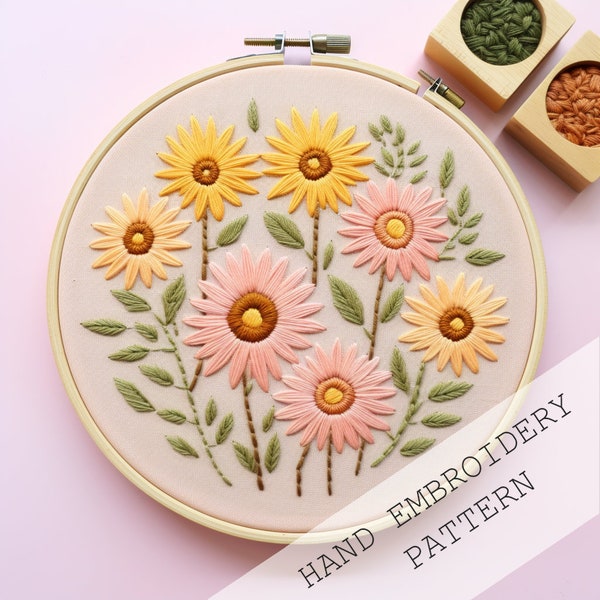 Patrón de bordado a mano de girasol, manualidad floral DIY, arte en bastidor (patrón en PDF)
