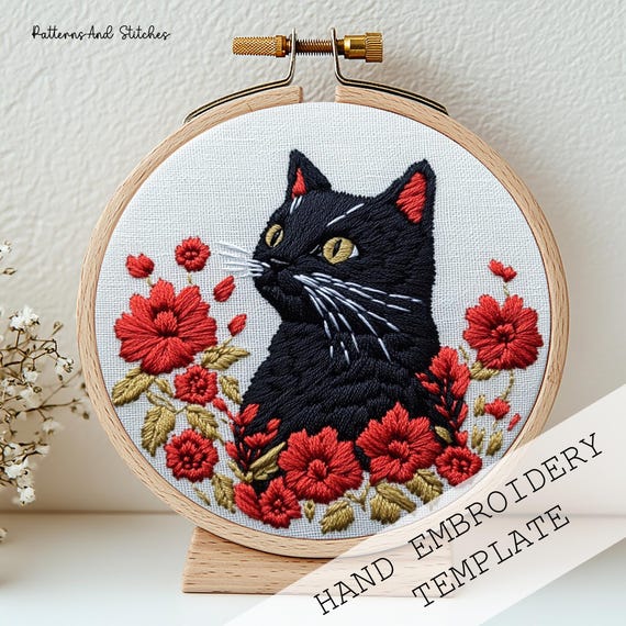 Cat Embroidery Pattern: Modern Hand Stitching, Floral Design, easy crafts (PDF File)