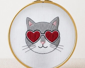 Cute Cat Embroidery Pattern PDF Digital Download Heart Sunglasses Hoop Art Beginner Friendly Needlework Wall Art Funny Cat Lover Gift