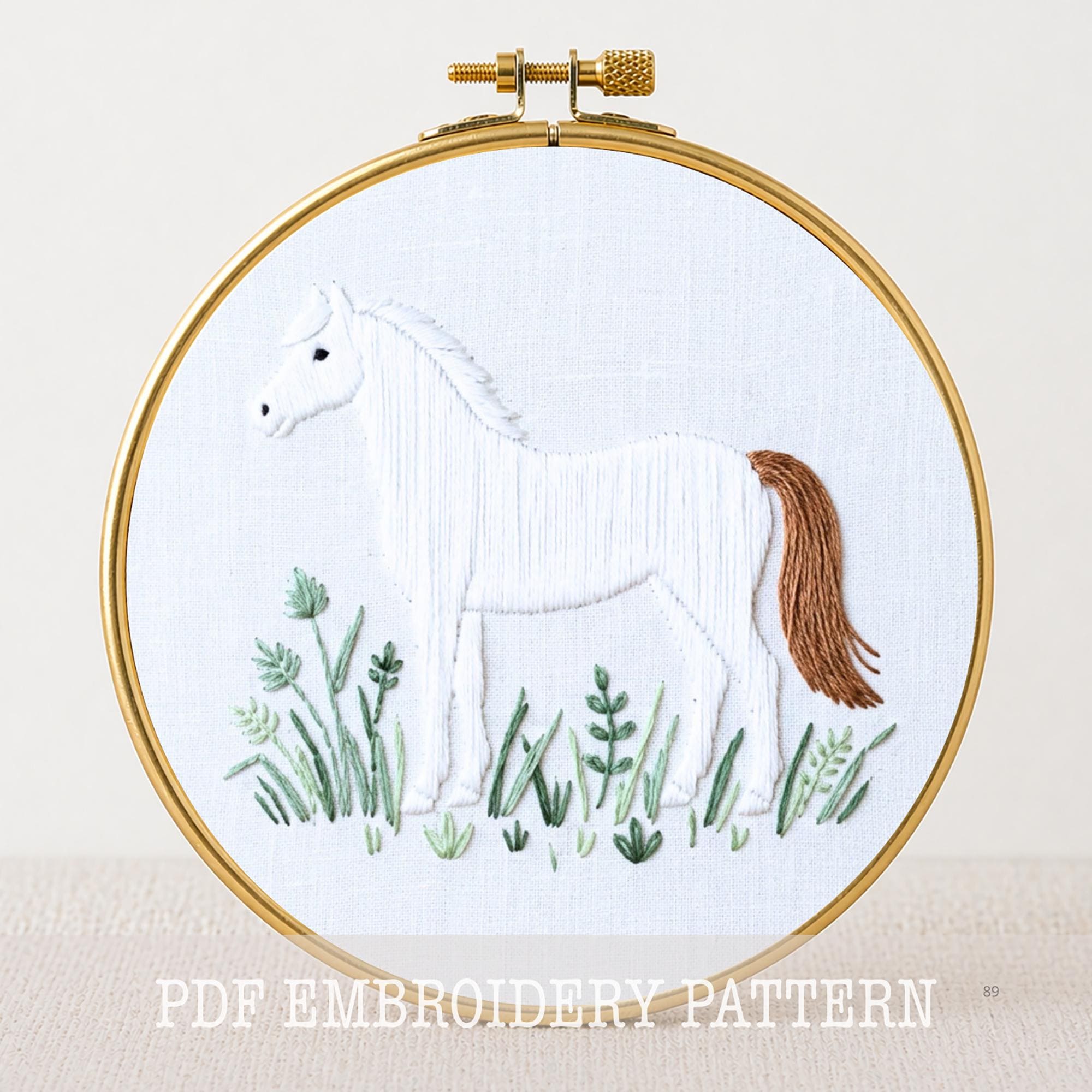 馬の絵刺繍風アート作品　送料無料 馬の手刺繍パターン：花柄動物デザイン、PDFパターン（即時