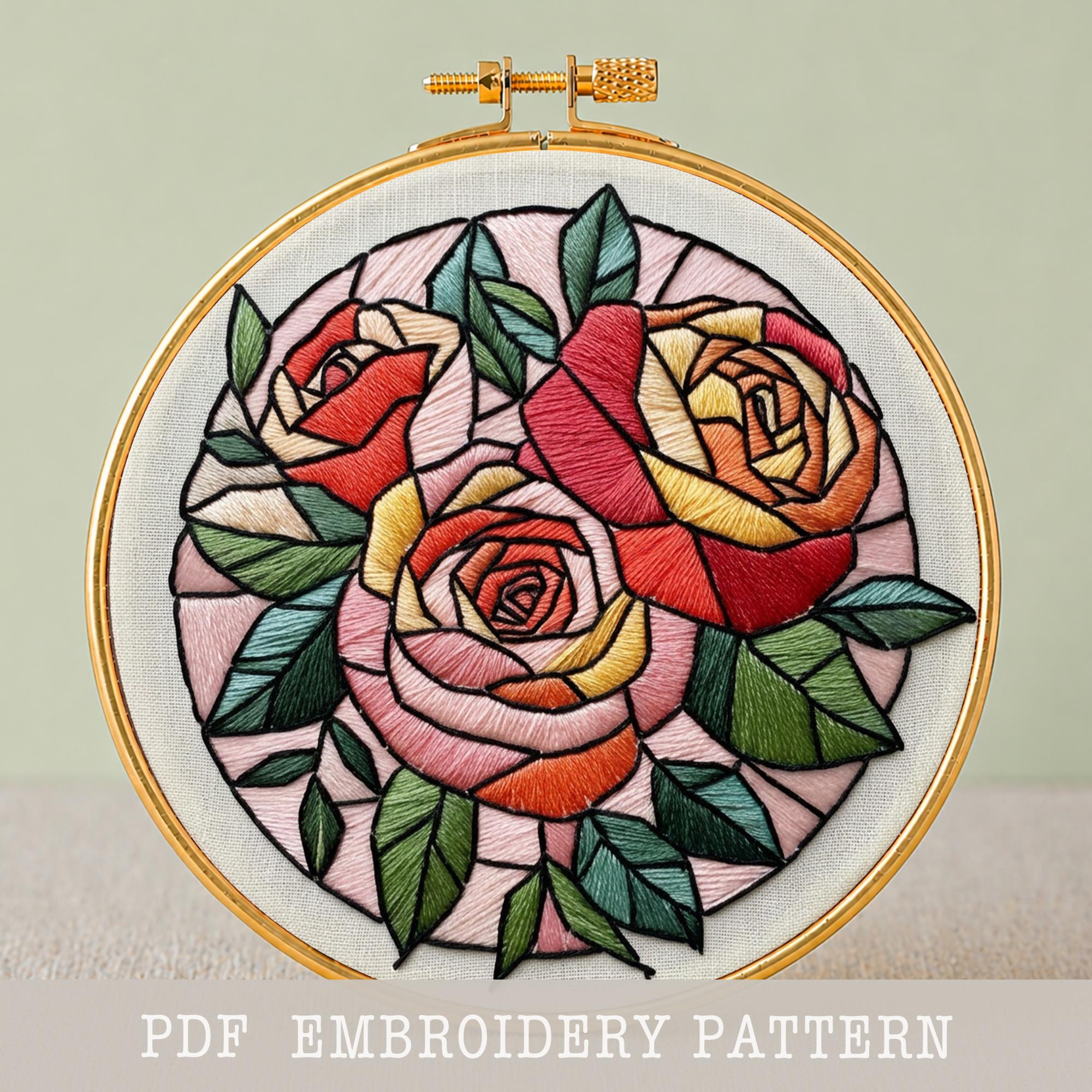 ステンドグラス風バラの刺繍パターン：花束、ニードルワーク（PDF 