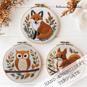 Cozy Forest Animal SET, Woodland animals, Hand Embroidery Designs, 3 Embroidery Patterns, PDF Instant Digital Download, DMC colours,hoop art