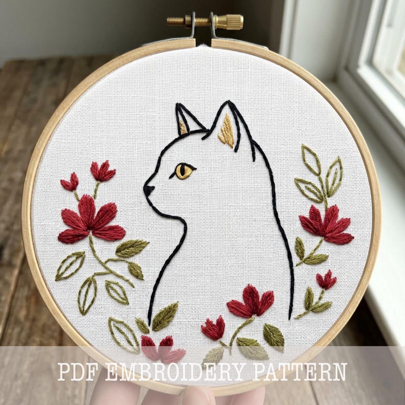 PDF Cat Embroidery Pattern Back Stitch Cat Outline Technique Gold Satin Stitch Eye Ear Inner Fill Crimson Red Satin Stitch Flower Petal Fill Fishbone Leaf Stitch Olive Green Stem Stitch Branch Detail DMC Floss Color Reference Linen White Background Multiple Hoop Size Options Complete DMC Thread List Detailed Stitch Map Modern Line Art Technique Split Stitch Contour Black Outline Single Thread Detail Stem Stitch Vine Gold