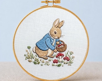 Peter Rabbit Mushroom Embroidery PDF Dressed Bunny Foraging Toadstool Hoop Cottagecore Wall Art Woodland Nursery Storybook Printable PDF