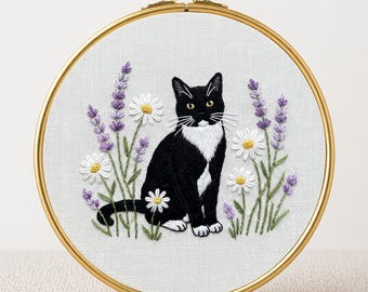 Lavender Cat Embroidery Template PDF Easy Satin Stitch Botanical Hoop Art Tuxedo Kitty Cottagecore Decor Floral Kitty Pet Lover Decor Design