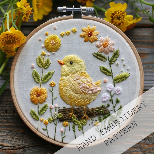 Farmington Hand Embroidery, PDF Pattern, featuring farm, animals with floral motifs, Little Chick, Hand Embroidery art, Creative embroidery