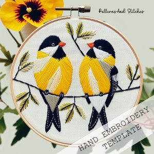 Goldfinch pair Hand Embroidery, American Goldfinch Bird, Finch Bird, Bird lovers gift, Hand Embroidery, PDF pattern, Wildlife Embroidery art