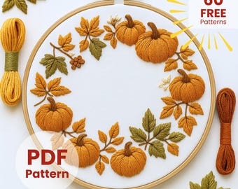 Plantilla de bordado a mano de corona de calabaza, patrón de bordado, diseño de bordado de otoño, plantilla de bordado para principiantes, arte de bordado creativo