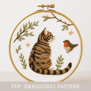 Cat and Bird Embroidery Design: Spring Garden DIY modern craft (PDF Pattern)