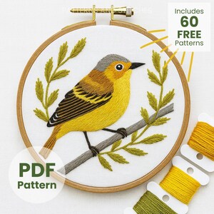 Pine Warbler Embroidery Pattern: Modern Bird Art, modern craft (PDF template)