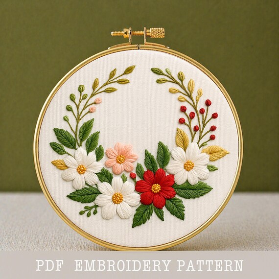冬のリース刺繍パターン：花柄クリスマスデザイン、すぐにダウンロード