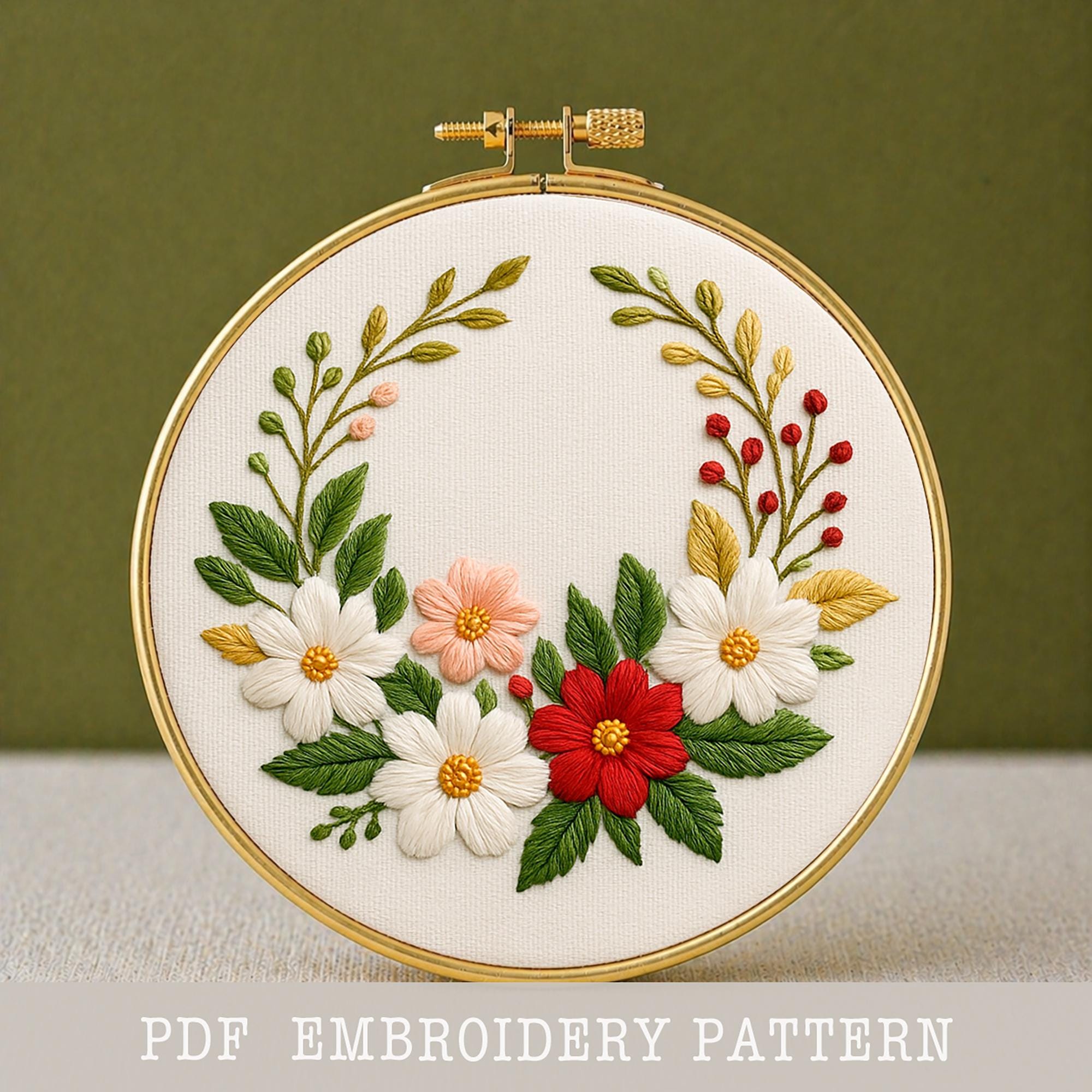 冬のリース刺繍パターン：花柄クリスマスデザイン、すぐにダウンロード