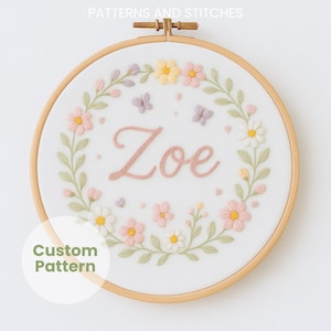 Whimsical name embroidery design, pastel floral wreath, flying butterflies, tiny stitched hearts, elegant lettering, digital PDF in 6 sizes