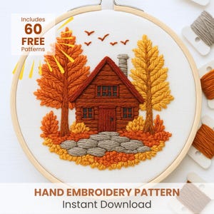 Hand Embroidery Pattern, Cottagecore, PDF Embroidery Pattern, Embroidery Sampler, Garden Embroidery, Modern Embroidery, autumn cabin, fall