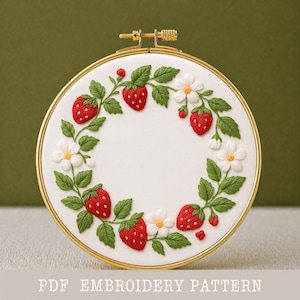 Strawberry Embroidery Pattern: Summer Fruit Wreath, farmhouse decor (PDF Printable, 6 Sizes)