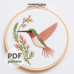 Hand Embroidery Pattern, Hummingbird, pdf pattern, beginner thread painting, diy embroidery art, bird embroidery, ruby throated Hummingbird
