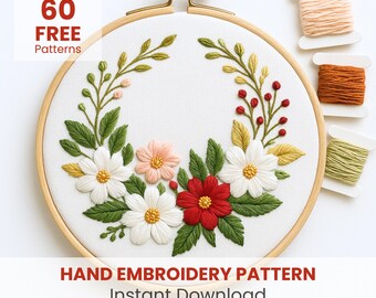 冬のリース、刺繍パターン、クリスマス刺繍デザイン、初心者向け