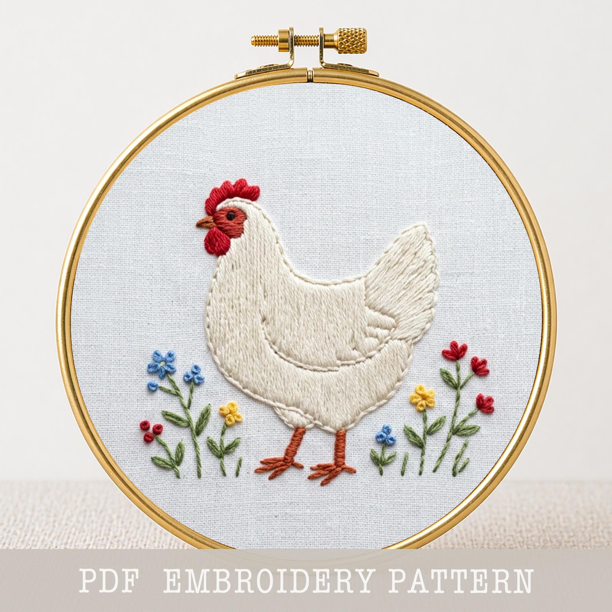 鶏の刺繍アート作品 花柄のニワトリの手刺繍パターン、雌鶏と野ウサギ、ファームハウス風