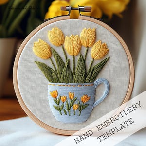 Teacup Tulips Hand Embroidery Template , printable embroidery, Cottagecore Embroidery Pattern, Tea Embroidery, Tea Lover Embroidery Template