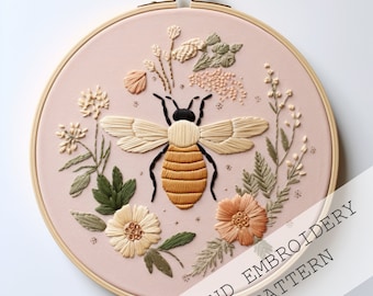 Bee and Bloom Hand Embroidery Pattern: Floral Buzz, needlepoint (PDF template)
