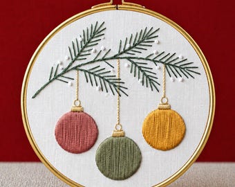 Christmas Bauble Embroidery Pattern PDF Instant Download Pine Branch Ornament Hoop Art Beginner Friendly Minimalist Holiday Wall Art Gift