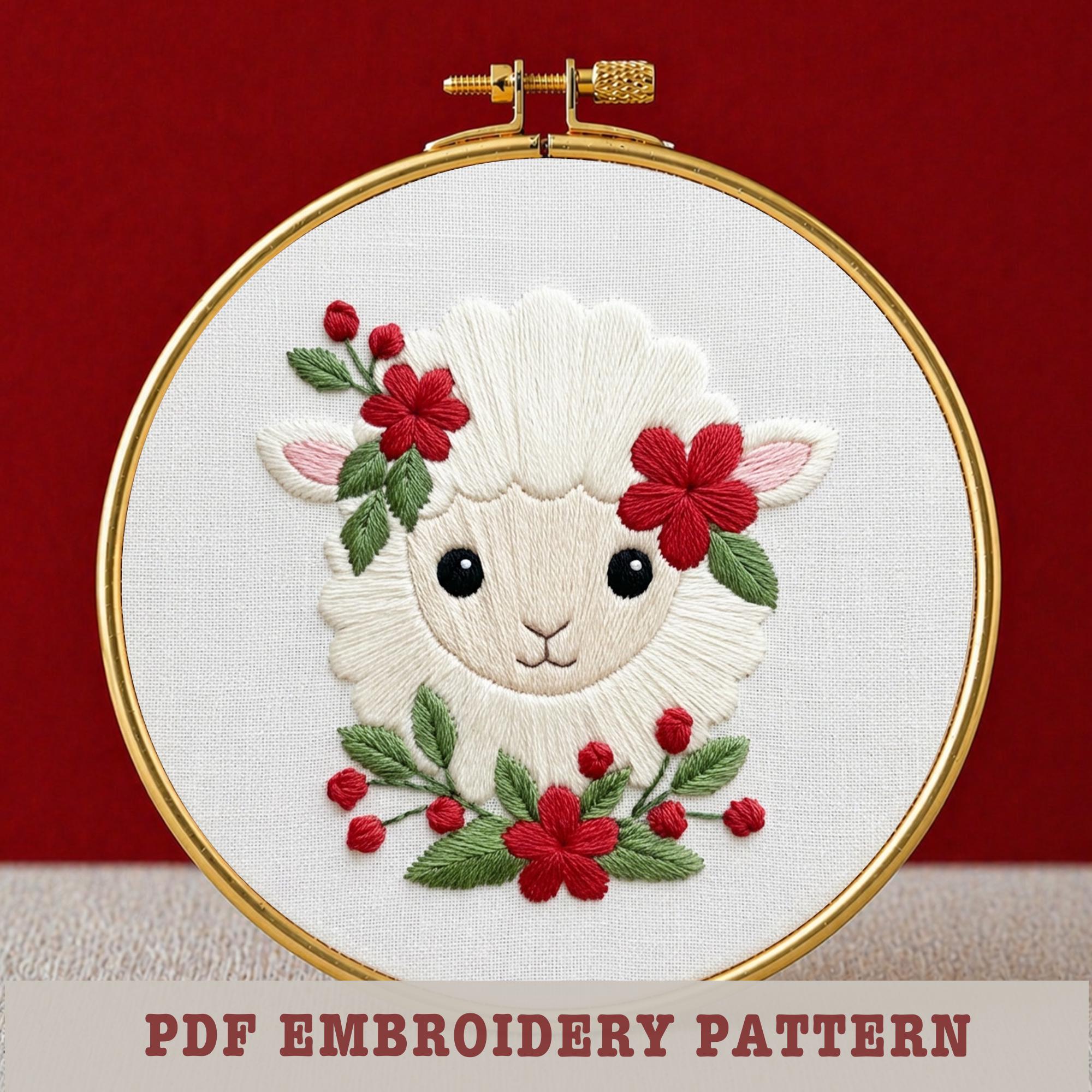 羊の刺繍パターン PDF デジタルダウンロード 花柄の子羊 クリスマス