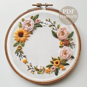 ひまわりとバラのリース、手刺繍、刺繍テンプレート、春のリースのクラフト、初心者向け刺繍、ニードルポイント、春のクラフト