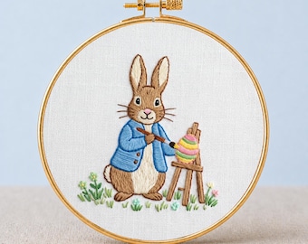Easter Peter Rabbit Embroidery PDF pattern Easter Artist Easel Hoop Art Creative Nursery Playroom Decor Grandma Hobby Storybook Digital file