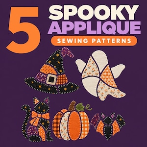 Paquete de patrones de apliques de Halloween / Sombrero de bruja, fantasma, gato negro, calabaza, murciélago / PDF imprimible (7") + SVG / Patrones de retazos de tela, costura lenta