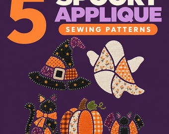 Halloween Patchwork Applique Pattern Bundle | Witch Hat Ghost Black Cat Pumpkin Bat | Printable PDF (7") + SVG | Scrap Fabric Patterns