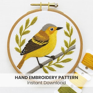 Pine Warbler Embroidery Pattern: Modern Bird Art, modern craft (PDF template)