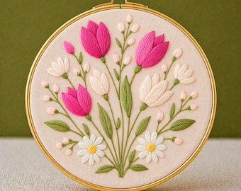 Patrón de bordado a mano de tulipán pequeño en PDF para descargar, arte floral para aro de bordado