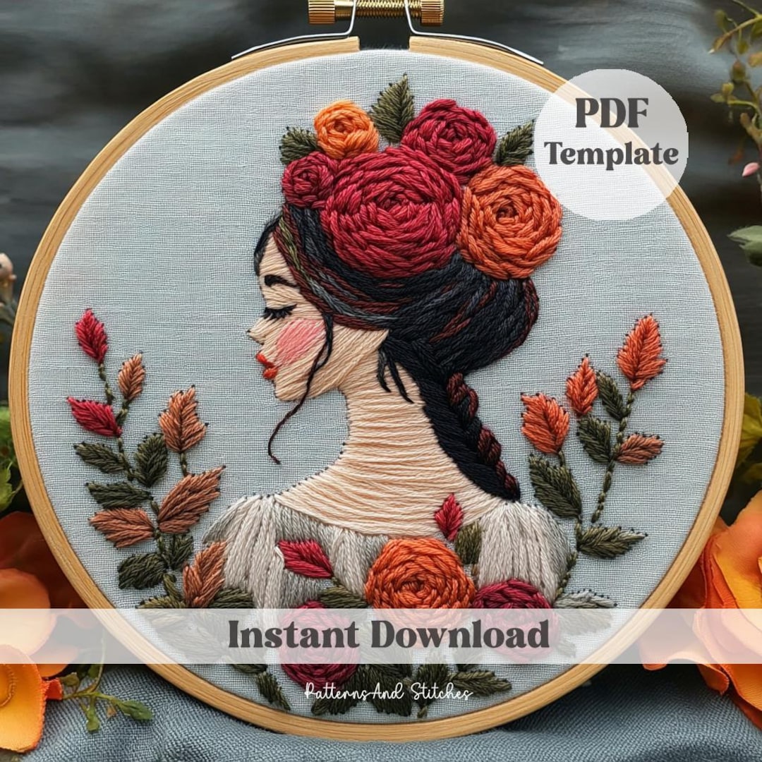 Floral Woman Hand Embroidery, PDF Pattern Template, Digital Stitching ...
