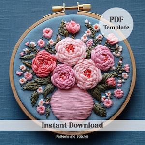 ピンクのバラの花瓶の手刺繍、刺繍の花柄、春の花の刺繍のパターン、花の刺繍の春の装飾、DIY 刺繍