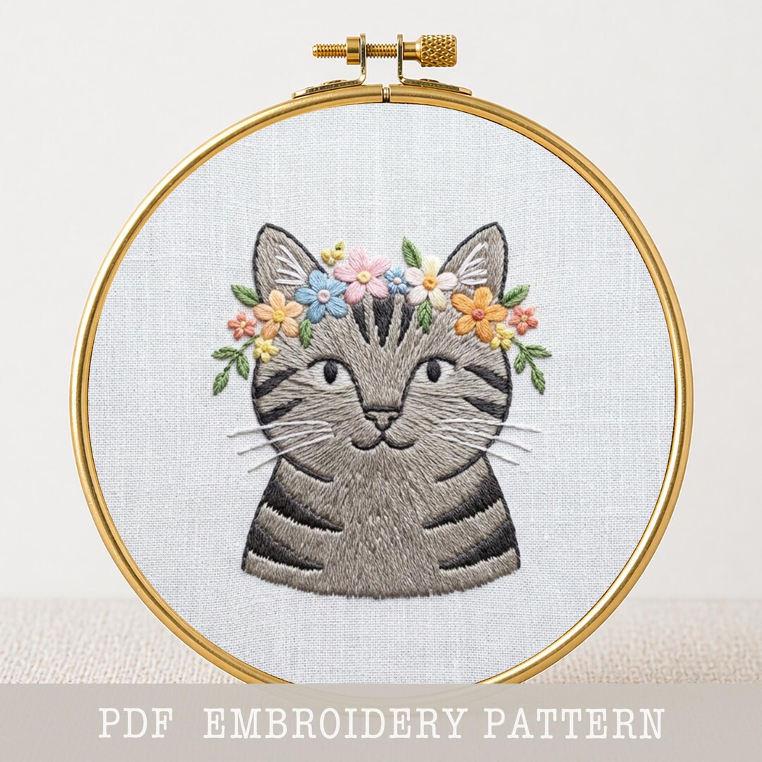 トラ猫の刺繍パターン PDF 花冠フープアート 手刺繍 猫の肖像画 初心者