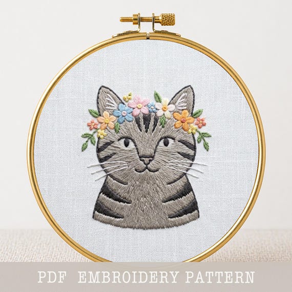 Vintage　花籠と猫　刺繍 トラ猫の刺繍パターン PDF 花冠フープアート 手刺繍 猫の肖像画 初心者