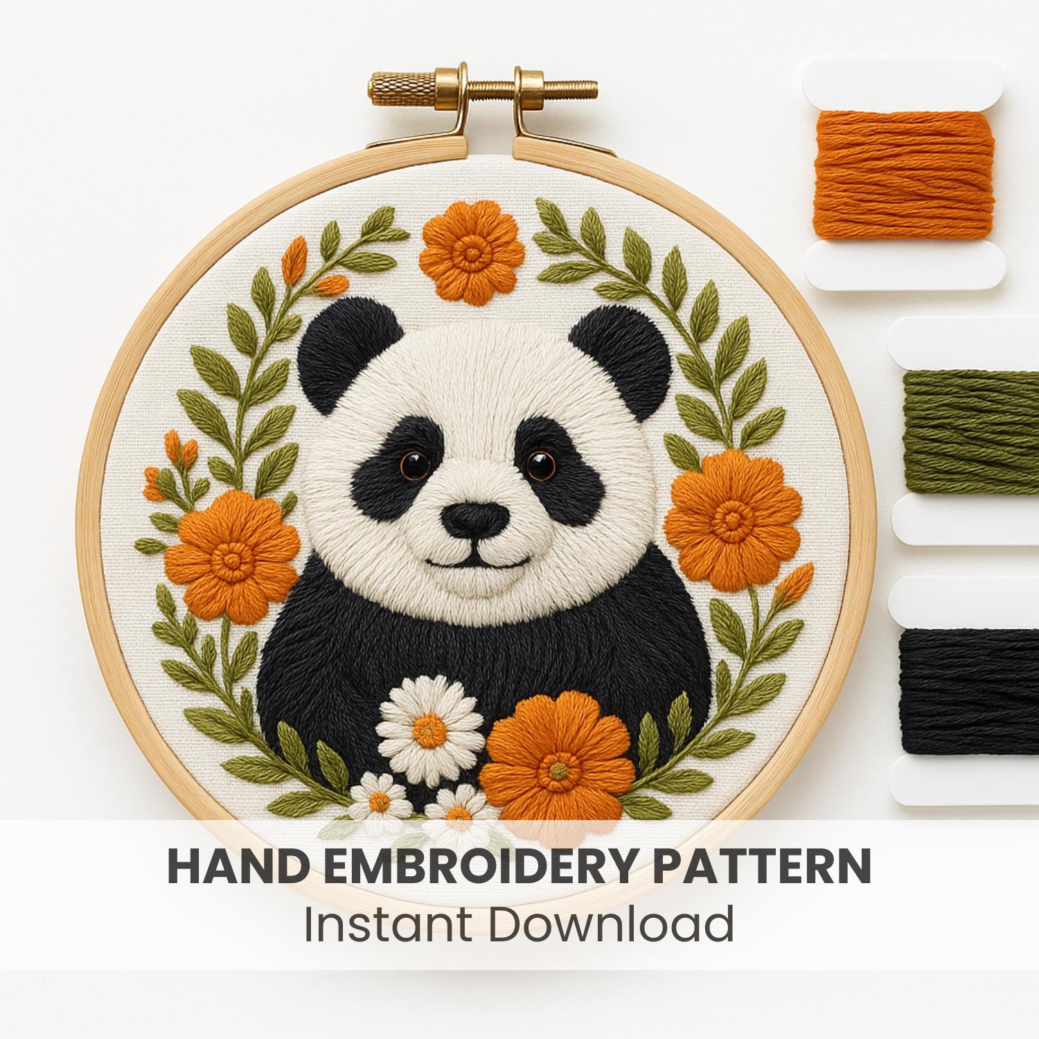 パンダの刺繍パターン：花柄動物のクロスステッチ、クラフト作家への