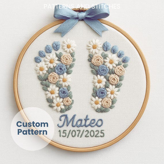 Personalized Baby Footprint Embroidery Pattern: Floral Newborn Keepsake, name wall art (PDF Downloadable Template)