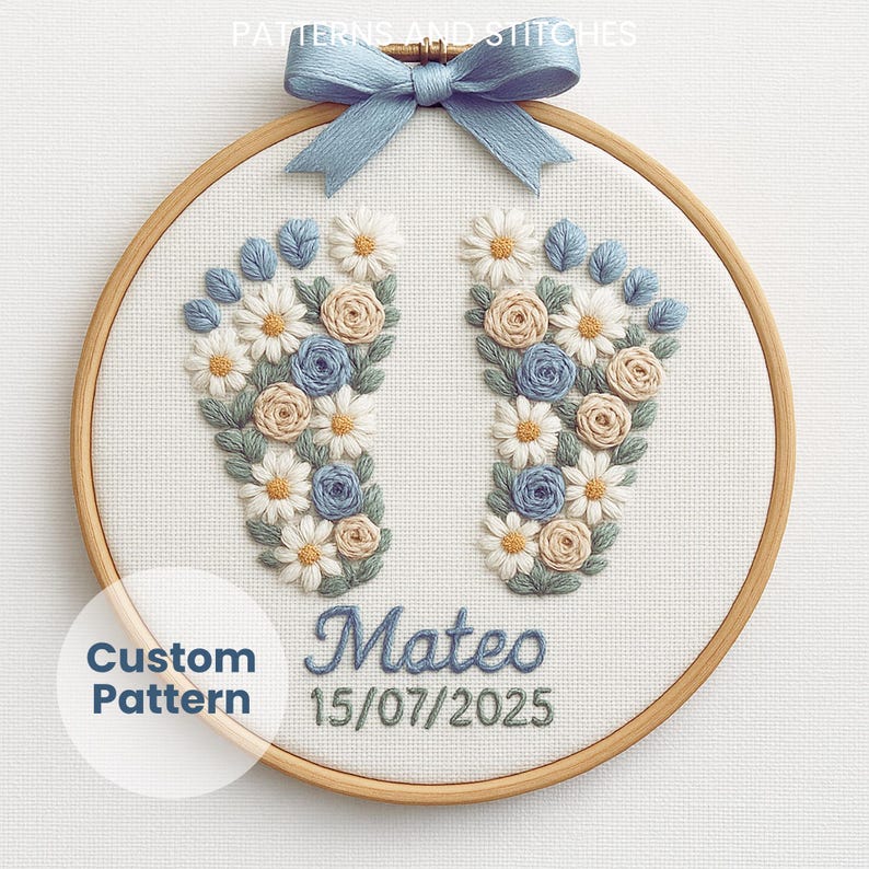 Digital hand embroidery pattern PDF featuring personalized baby boy footprints formed with flowers and leaves, including name Mateo and date 15/07/2025. This newborn keepsake hoop art is ideal for custom gifts, nursery wall decor, or memory projects. Includes blue tones, woven roses, and daisies. Great for embroidery lovers looking for baby birth templates or personalized floral footprint patterns.