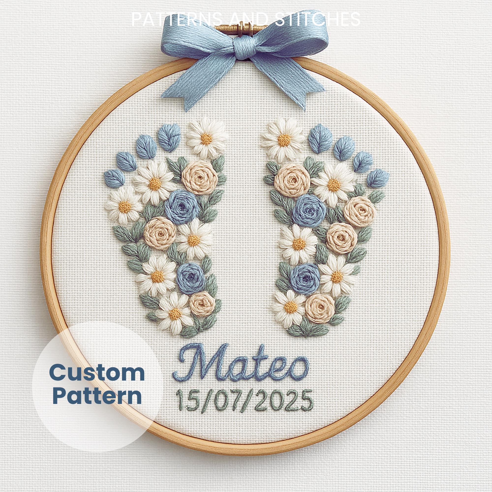 Personalized baby footprint floral hand embroidery pattern PDF, boy gift idea, name and date, digital newborn keepsake hoop art,DIY template