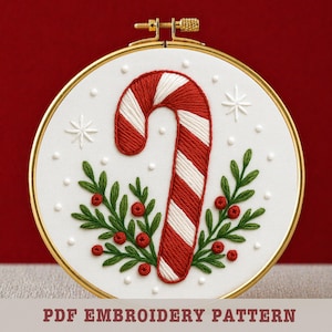 Candy Cane Embroidery Pattern, Christmas Festive Design (PDF Download)