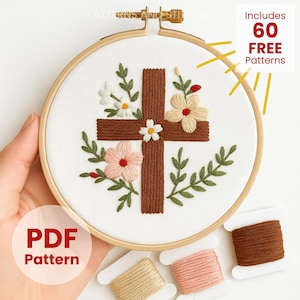 Floral Cross Hand Embroidery Pattern: Christian Theme, Beginner Friendly,  printable template (Downloadable)