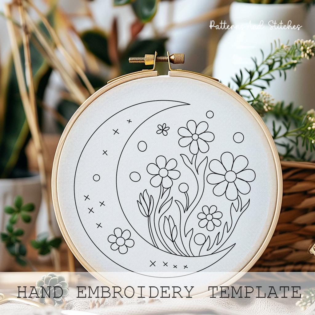 花の月刺繍デザイン：天体ニードルポイント、壁飾り（PDFパターン