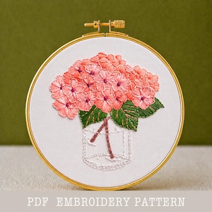 May include: Hand-stitched embroidery art featuring a bouquet of pink hydrangea flowers in a glass pocket. The embroidery is set in a gold-colored hoop. The text "PDF EMBROIDERY PATTERN" is at the bottom.