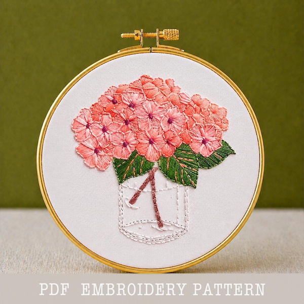 Patrón de bordado a mano de hortensias rosas: Arte floral para bordar en bastidor (patrón en PDF)
